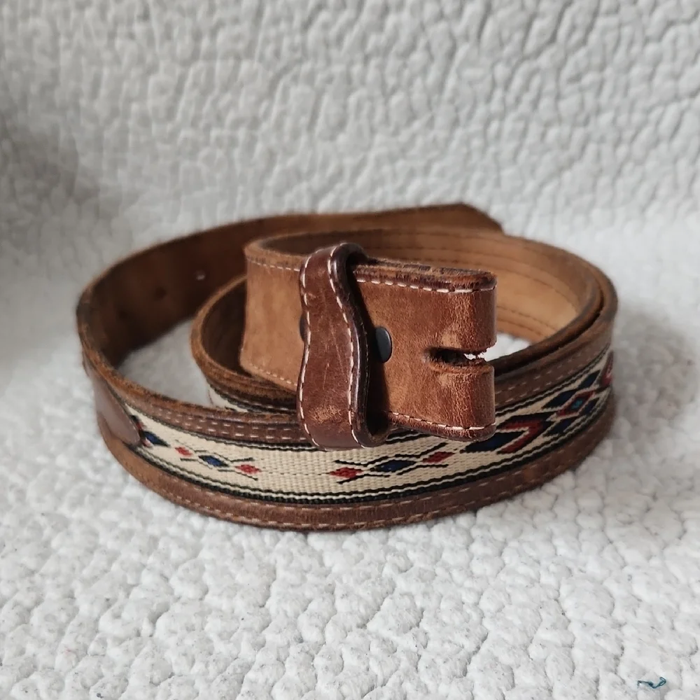 Western Vintage Geuine Tooled Leather Aztec Print Distressed Destroyed Belt